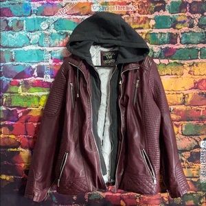 Wine Faux Leather Moto Jacket w Detachable Hoodie